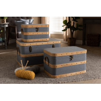 Baxton Studio R87R524-3PC Trunk Set Jonathon Modern and Contemporary Transitional Grey Fabric Upholstered and Oak Brown Finished 3-Piece Storage Trunk Set